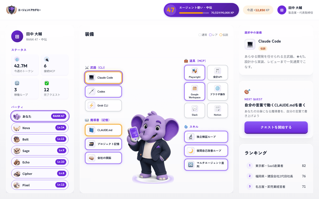 ホーム画面(ランク)のプレビュー。装備一式とランク・XPが表示されている
